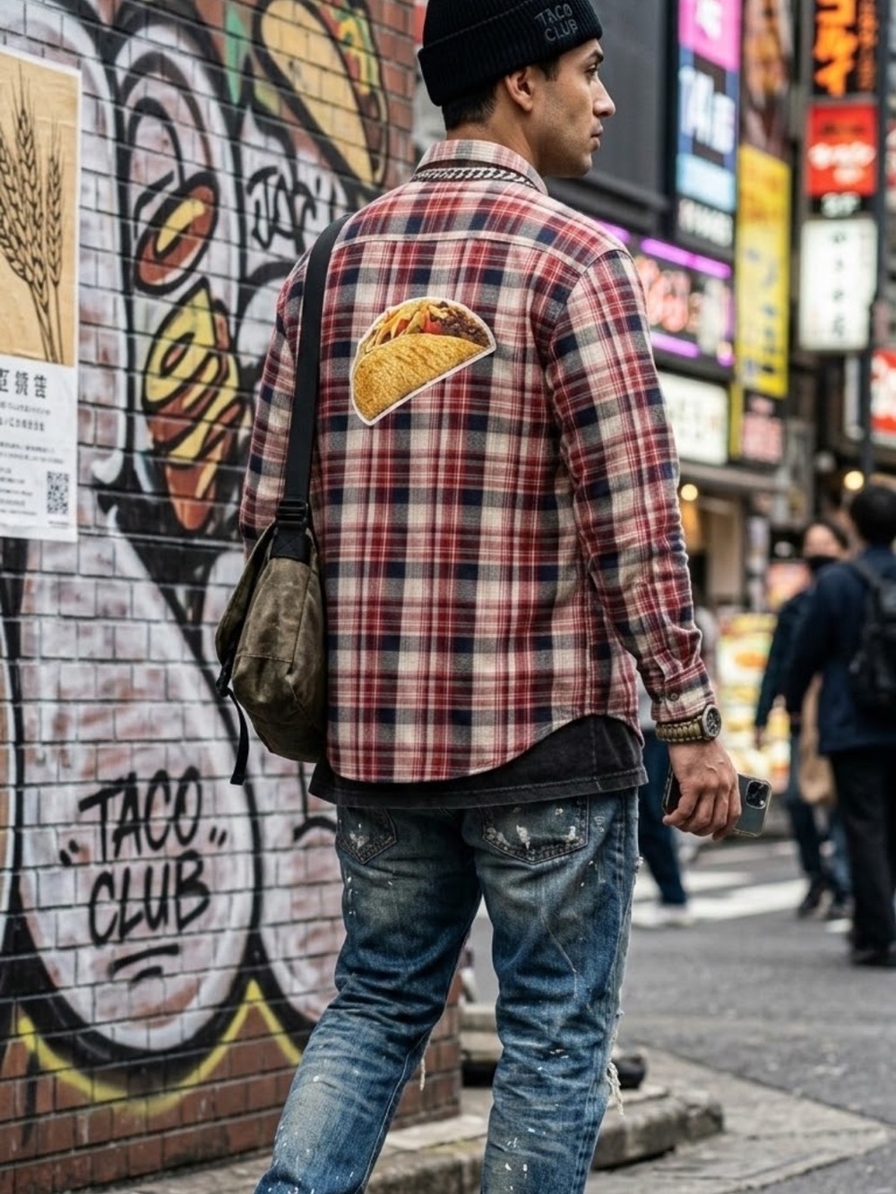 Upcycled “Taco Time” plaid shirt. L
